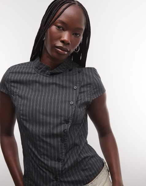 Weekday high neck asymmetric button up top in grey stripe - view 1