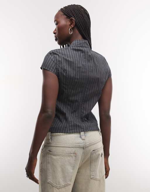 Weekday high neck asymmetric button up top in grey stripe, 2 of 4