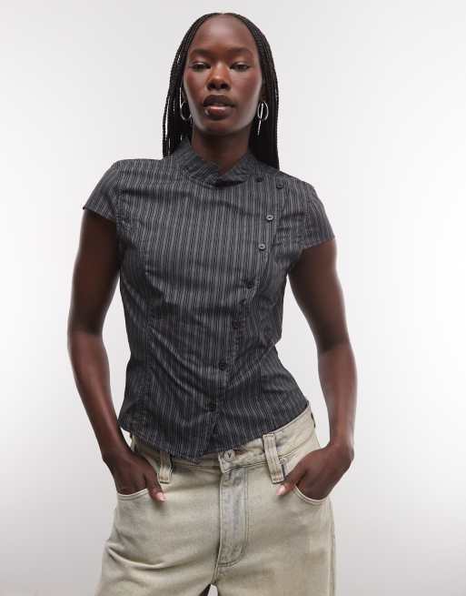 Weekday high neck asymmetric button up top in grey stripe, 3 of 4