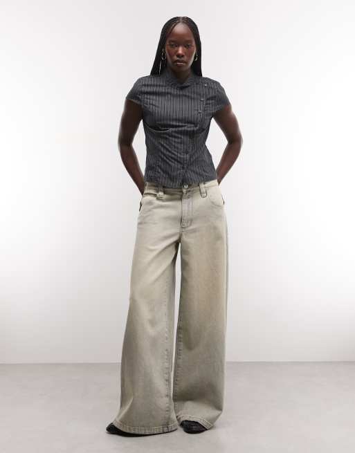 Weekday high neck asymmetric button up top in grey stripe, 4 of 4