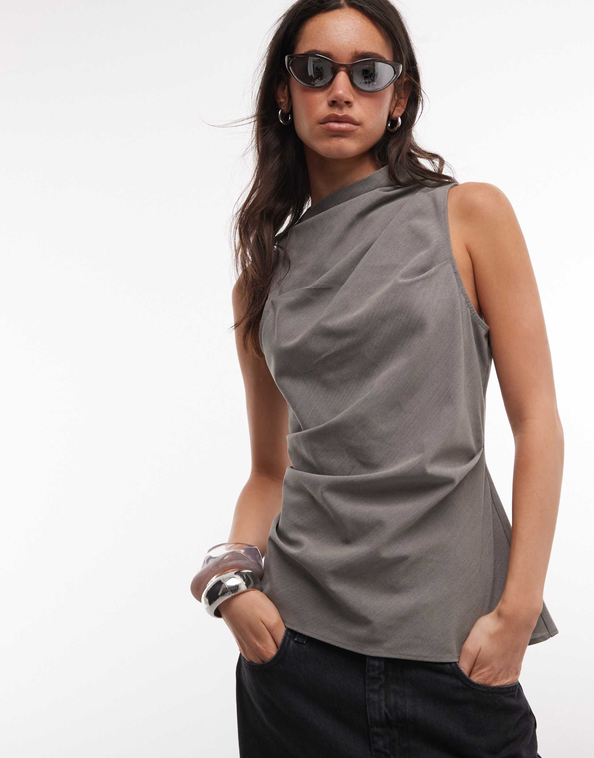 weekday high neck asymmetric top in gray
