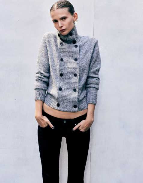 Weekday high neck button cardigan in grey melange - view 1