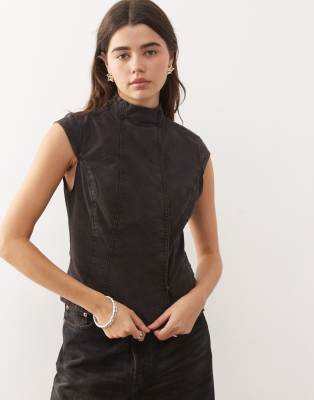 Weekday High Neck Cap Sleeve Top In Black