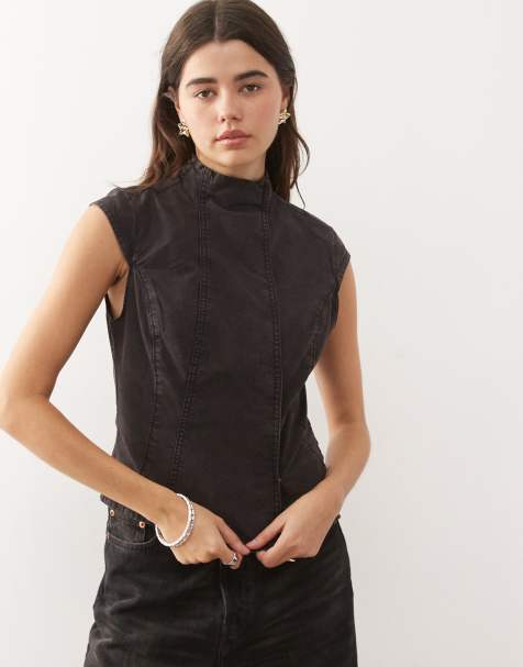 Weekday high neck cap sleeve top in washed black - view 1