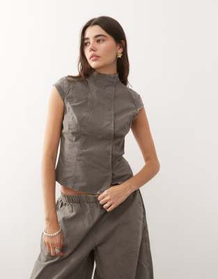 Weekday High Neck Cap Sleeve Top In Gray
