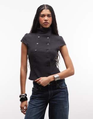 Weekday High Neck Crinkle Double Button Up Top In Multi