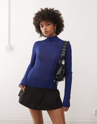 Weekday High Neck Mesh Long Sleeve Top In Blue