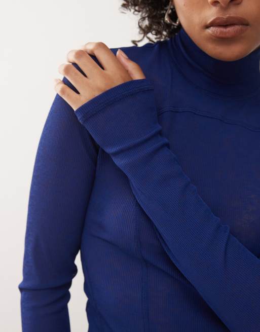 Weekday high neck mesh long sleeve top in bright blue, 3 of 4