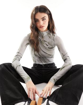 Weekday high neck mesh top in grey abstract print