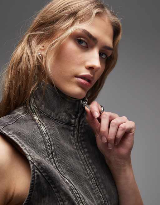 Weekday high neck mini dress with zip detail in washed grey, 3 of 4