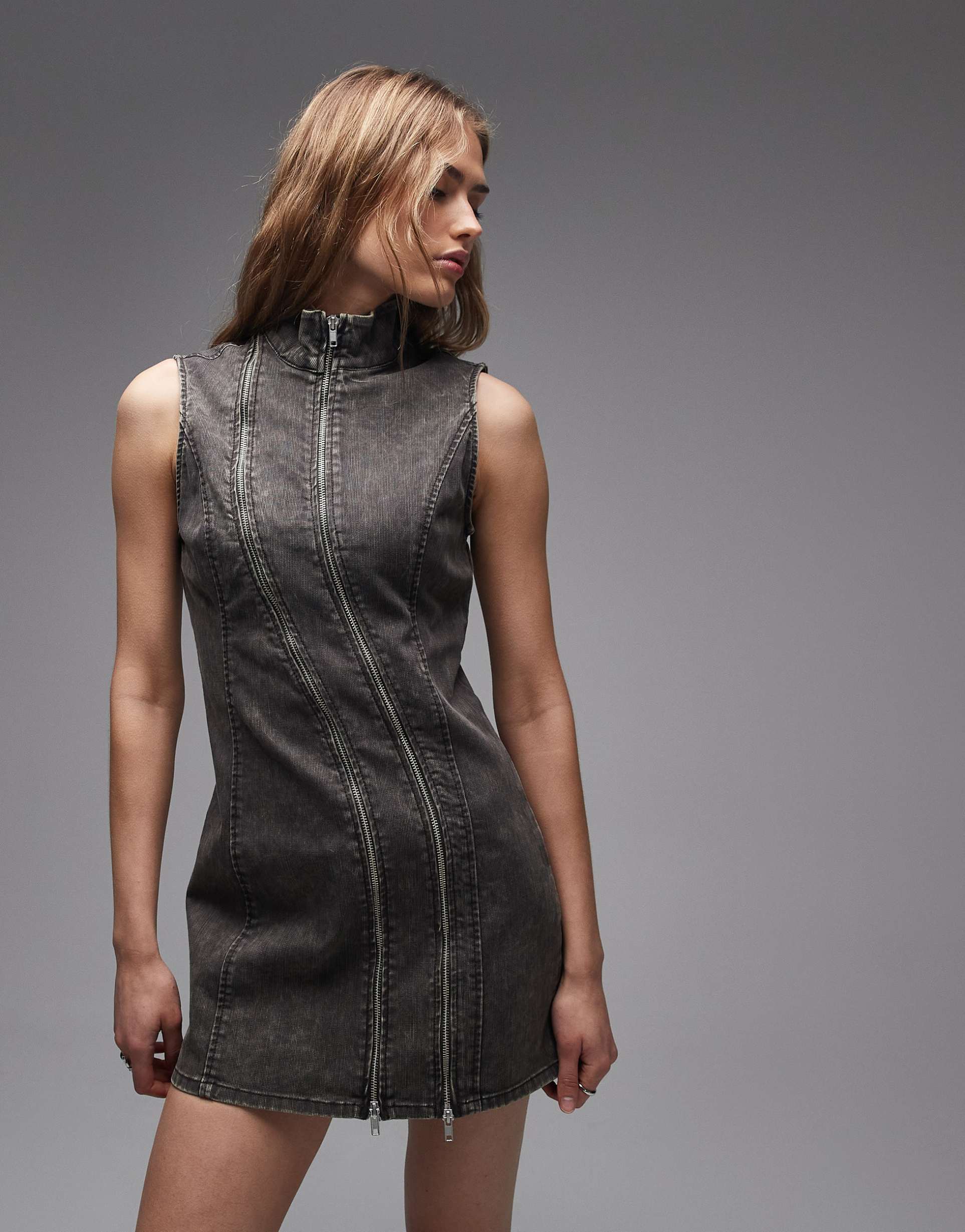 weekday high neck mini dress with zipper detailing in washed gray