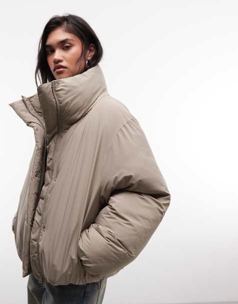 Weekday high neck oversized puffer coat in mole - view 1