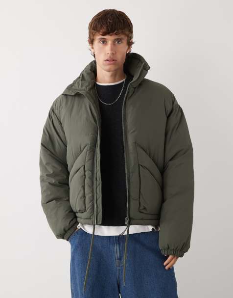 Weekday high neck puffer jacket in dark khaki green - view 1