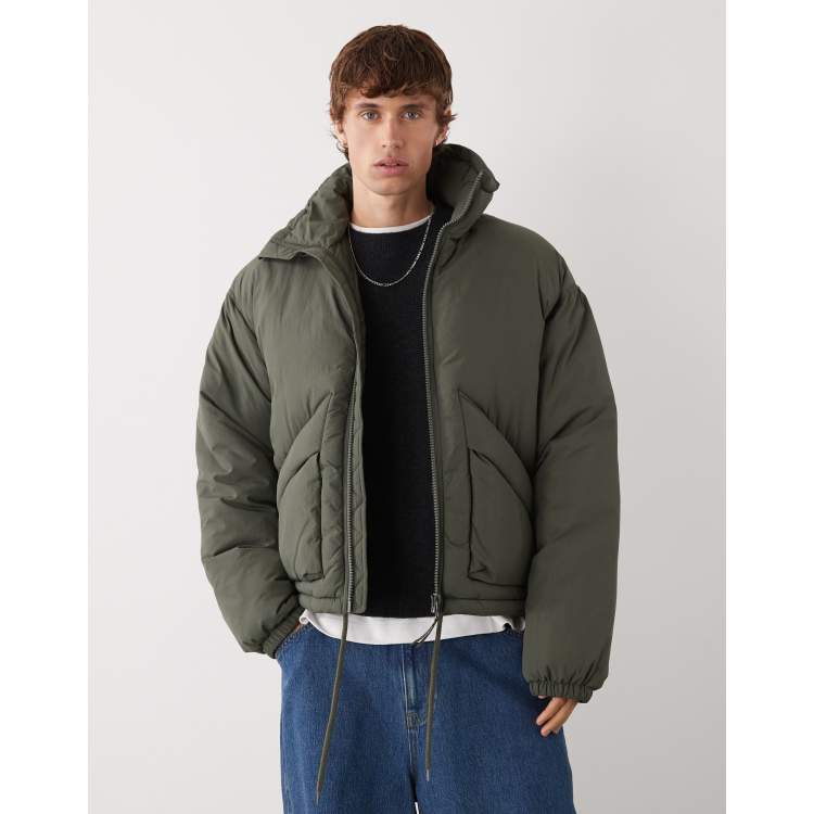 Weekday high neck puffer jacket in dark khaki green | ASOS