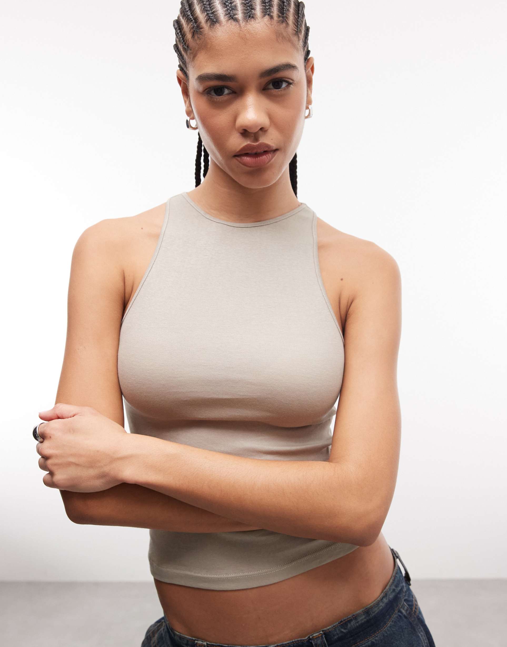 weekday high neck tank top in beige