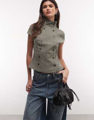 Weekday High Neck Textured Button Top In Green