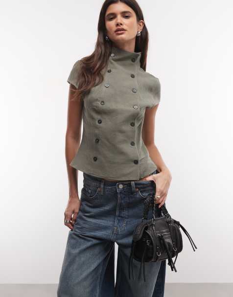 Weekday high neck textured button top in dark khaki - view 1