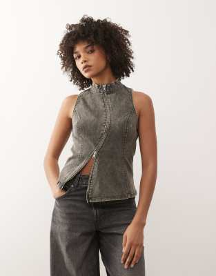 Weekday High Neck Top With Zip Detail In Gray
