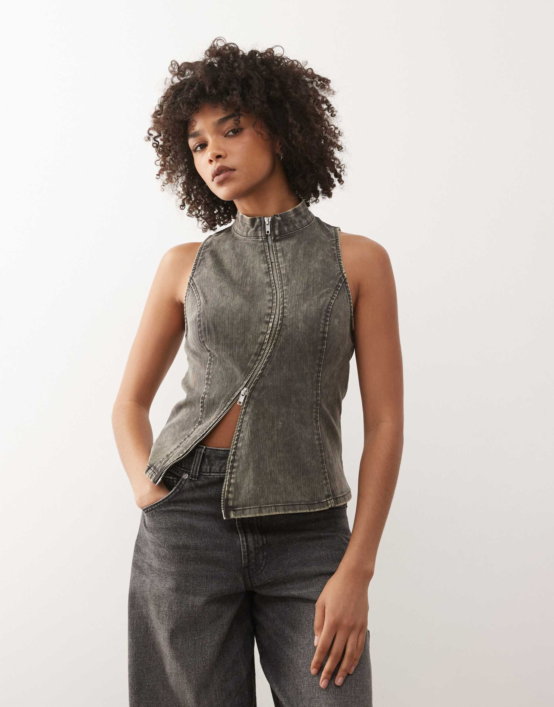weekday high neck top with zip detail in washed gray