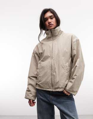 Weekday High Neck Track Jacket With Borg Fleece Lining In Neutral