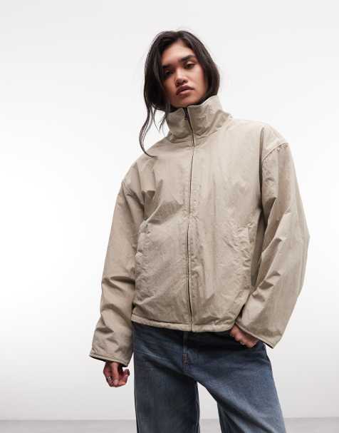 Weekday high neck track jacket with borg fleece lining in beige - view 1