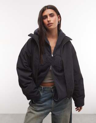 Weekday High Neck Track Jacket With Borg Fleece Lining In Black