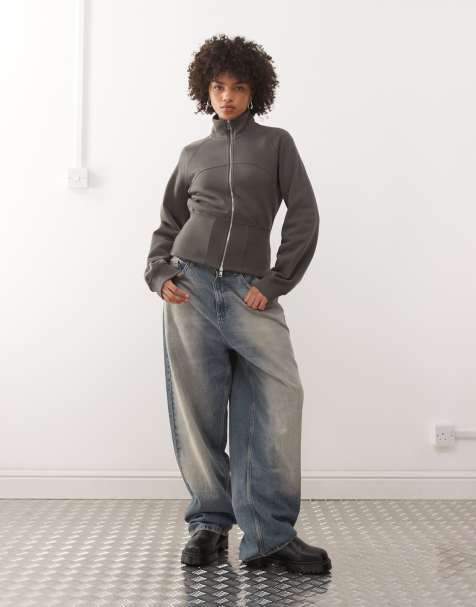 Weekday high neck zip through sweatshirt with cinched waist in dark grey