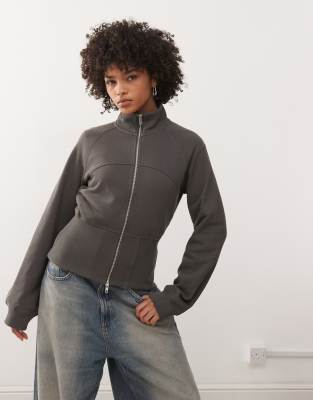 Weekday High Neck Zip Up Sweatshirt With Cinched Waist In Black