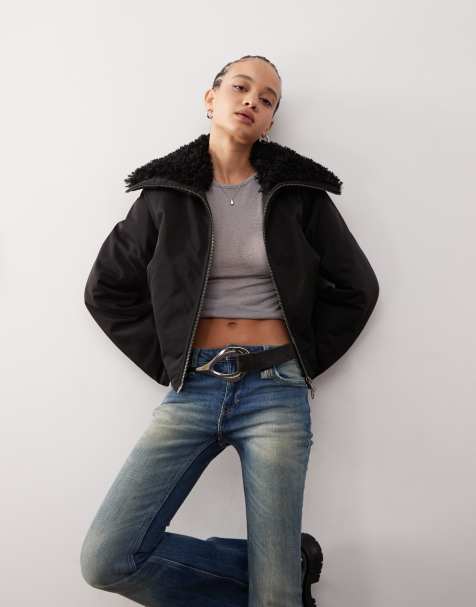 Weekday Hiro jacket with faux fur collar in black - view 1