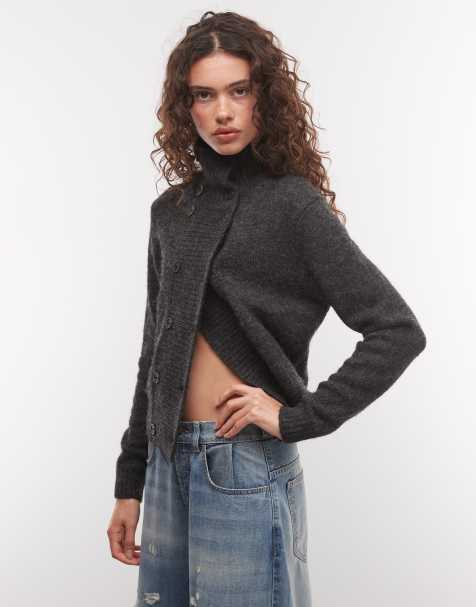 Weekday højhalset cardigan med knapper i off-black meleret - view 1
