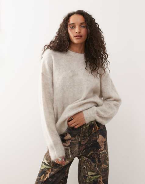 Weekday – Hochwertiger Pullover aus Woll-Mohair-Mix mit hellbeige meliert - view 1