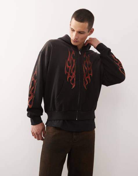 Weekday - Hoodie met rits en vlammende graphic in zwart met wassing - view 1