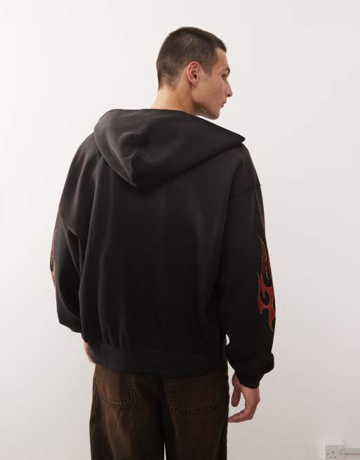 Weekday - Hoodie met rits en vlammende graphic in zwart met wassing, 3 van 5