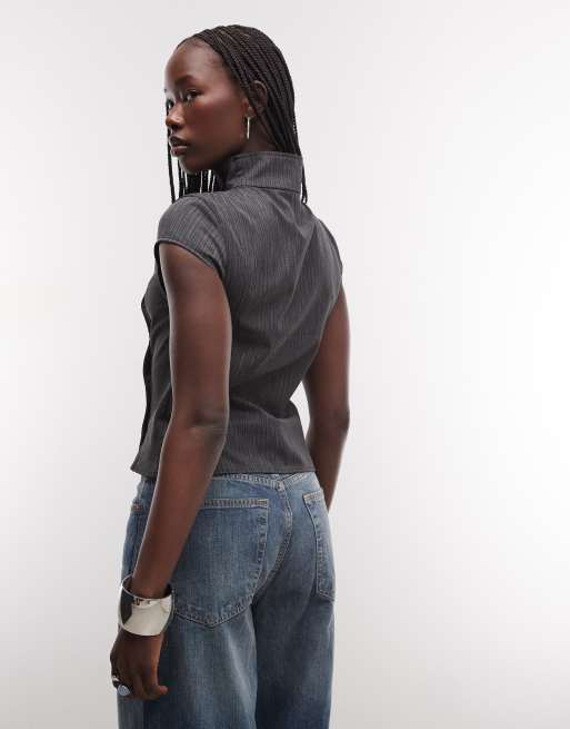 Weekday hoogsluitende top met kapmouwen en knopen in off-black krijtstreep, 2 van 4