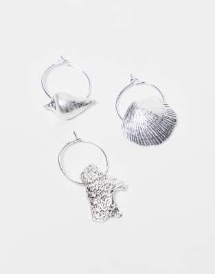 hoop earrings 3-pack with shell charms in silver