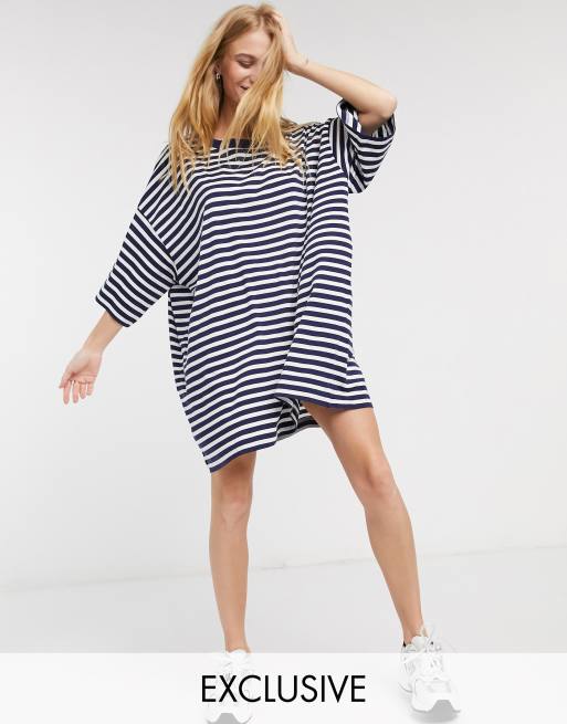 Weekday Huge cotton striped oversized t shirt dress in navy and