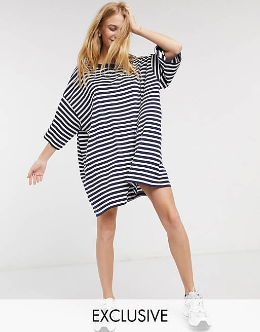 Weekday Huge organic cotton striped oversized t-shirt dress in navy and white