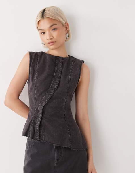 Weekday Ibis asymmetric peplum top with concealed buttons in washed dark grey - view 1