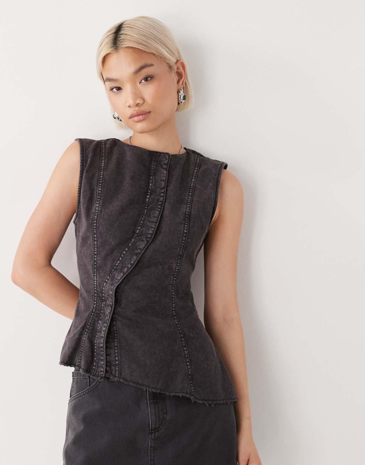 Weekday Ibis asymmetric peplum top with concealed buttons in washed dark grey