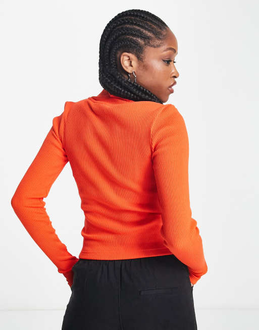 Weekday Ika half zip rib long sleeve top in red, 2 of 4