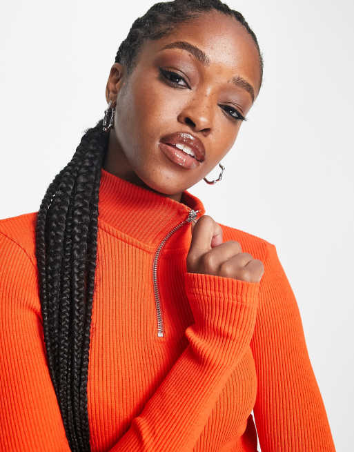 Weekday Ika half zip rib long sleeve top in red, 3 of 4