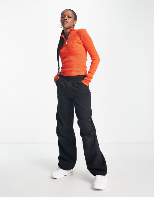Weekday Ika half zip rib long sleeve top in red, 4 of 4