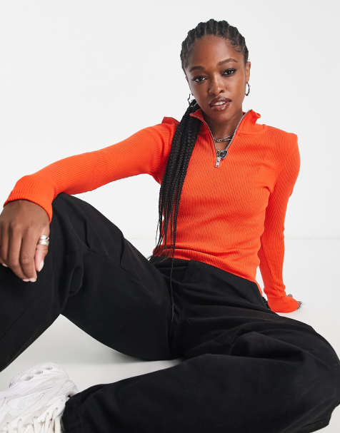 Weekday - Ika - Top a maniche lunghe rosso a coste con zip - view 1