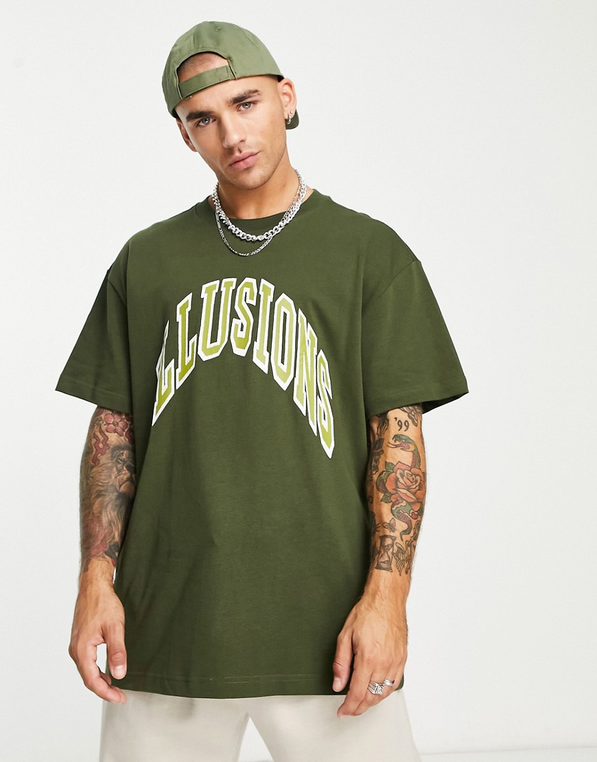 Weekday illusion oversized graphic printed t-shirt in khaki-Green