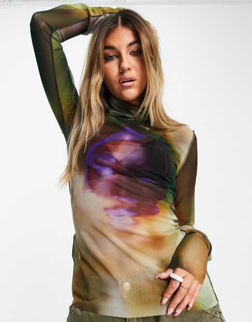 Weekday Immerse polyester long sleeve turtleneck top in immerse print - MULTI