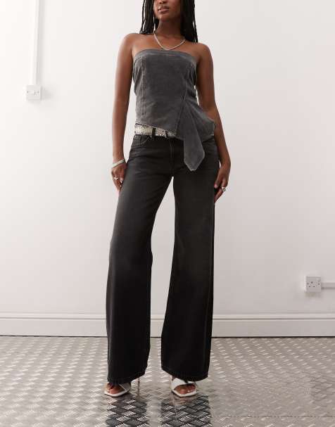 Weekday - Imoo - Jeans met lage taille en wijde pijpen in zwart met wassing - view 1