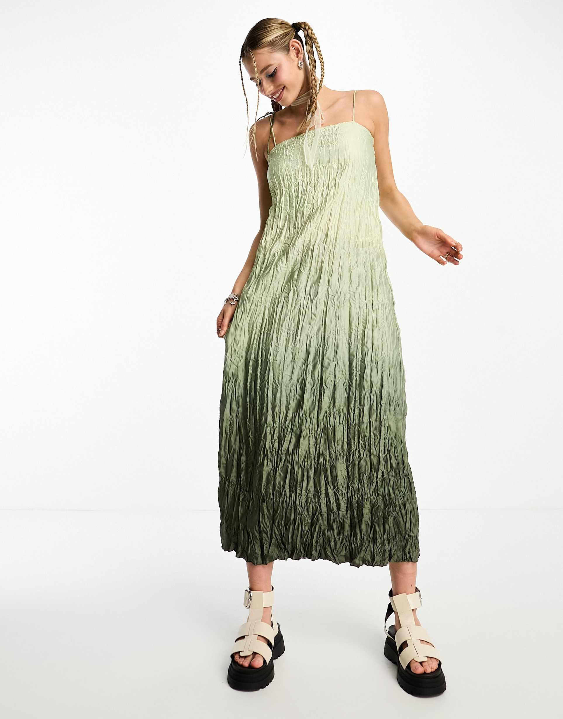 weekday ina crinkle midi dress in ombre print