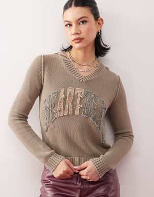 Inde v neck sweater with heartbeat applique in dark beige-Neutral