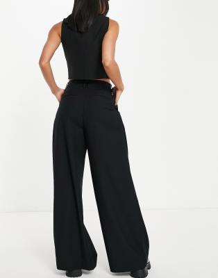 Weekday Indy polyester blend wide leg tailored pants in black - BLACK