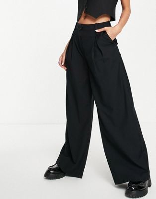 Weekday Indy polyester blend wide leg tailored trousers in black - BLACK - ASOS Price Checker